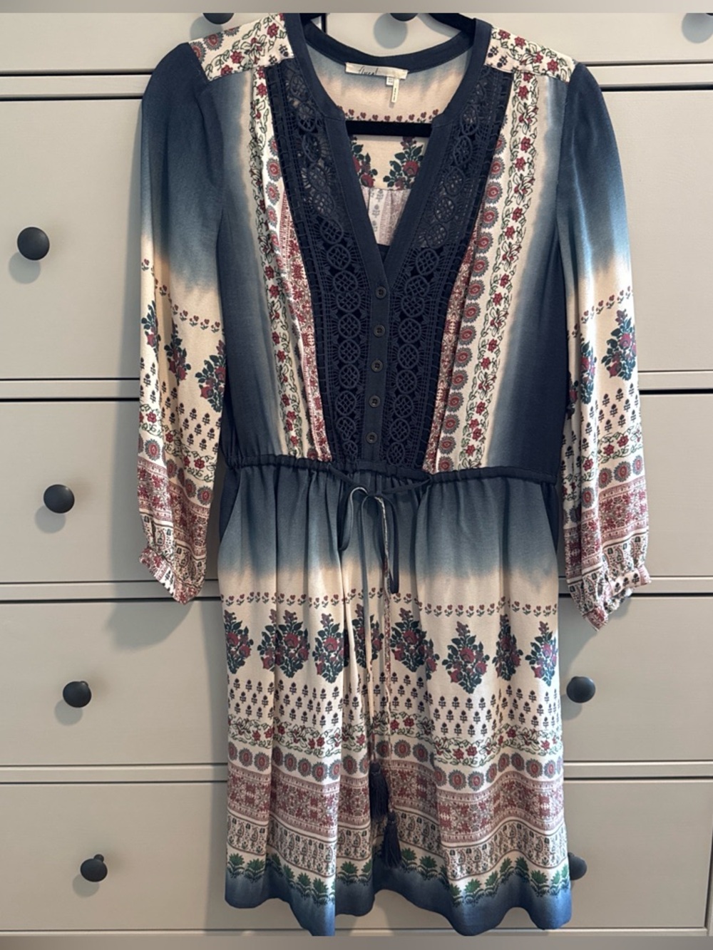 Anthropologie Floreat Boho Border Print Midi Dress Crochet Bib Tassel Tie Size 4 - Picture 2 of 12